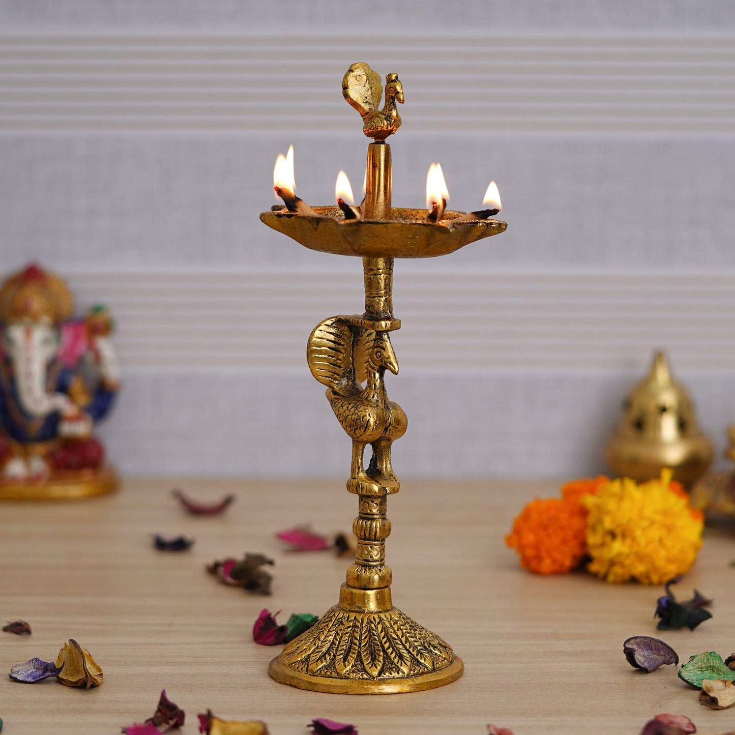 JaipurCrafts Premium Peacock Indian Traditional Metal Table Deepak Samay Diya Oil Diwali Puja Lamp, Golden- 10 Inches
