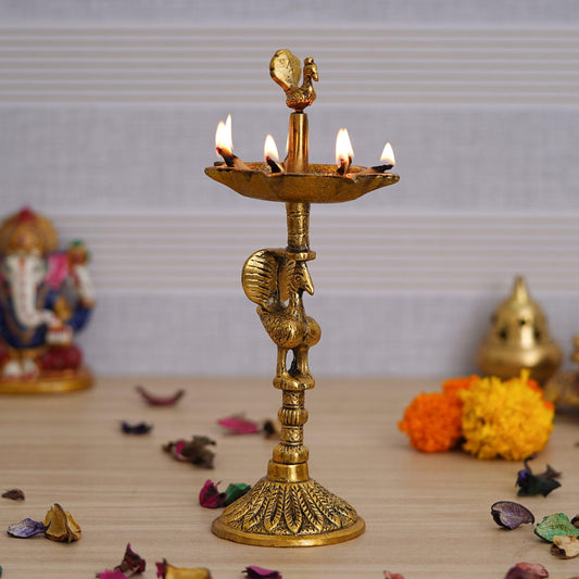 JaipurCrafts Premium Peacock Indian Traditional Metal Table Deepak Samay Diya Oil Diwali Puja Lamp, Golden- 10 Inches