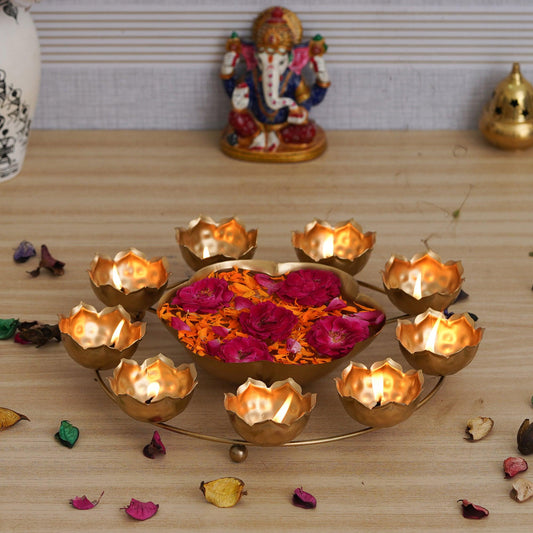 JaipurCrafts Premium 9 Lotus Diya Shape urli Bowl for Home and Pooja Decorations| Urli tealight Candle Holder for Home and Office Decor (12 Inches,Gold)