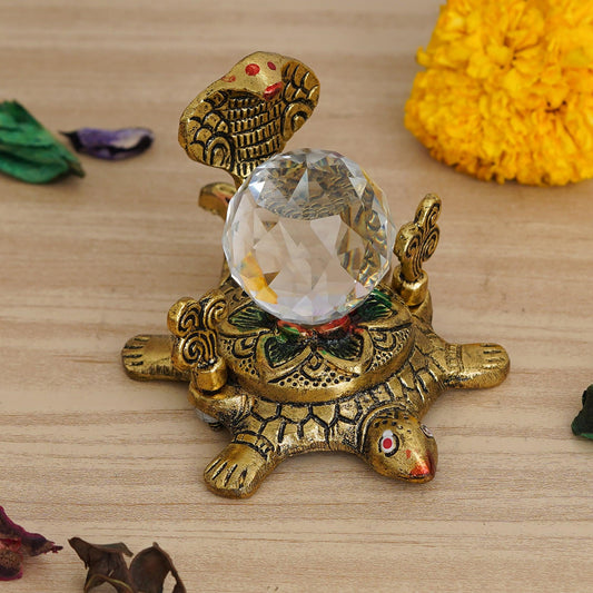 JaipurCrafts Premium Gold Metal Tortoise with Cystal Ball and Naag Devta Antiqie Naag Mani Showpiece for Home and Pooja Room (Gold , 4.5 Inches)