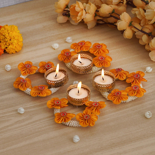 JaipurCrafts Premium Set of 4 Lotus Shape Tealight Candle Holder for Home and Office Decor | tealight Candle Holder for Diwali Decorations | Diwali Candles for Decorations ( 4 Inches)