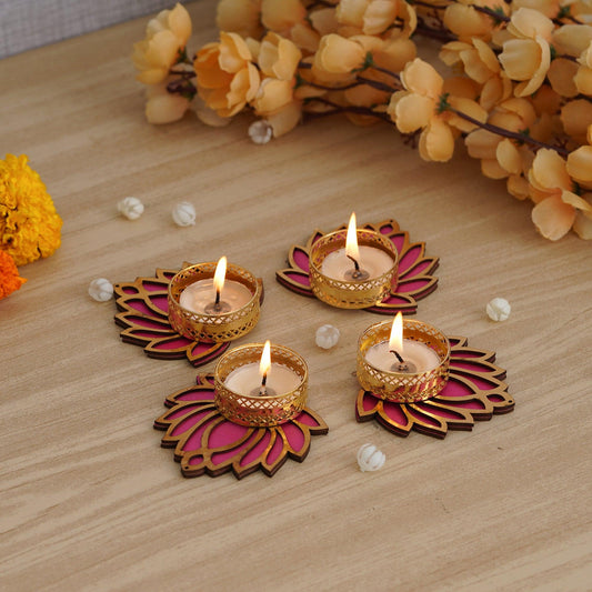 JaipurCrafts Premium Set of 4 Lotus Shape Tealight Candle Holder for Home and Office Decor | tealight Candle Holder for Diwali Decorations | Diwali Candles for Decorations Pack of 4 , 3 Inches