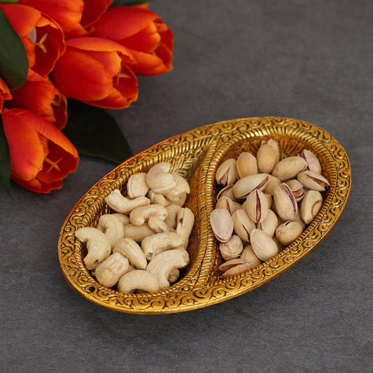 JaipurCrafts Premium Metal Dual Space Dry Fruit Serving Tray, Snacks, Floating Flowers for Home Decoration Table Dining Décor (7 Inches,Gold)