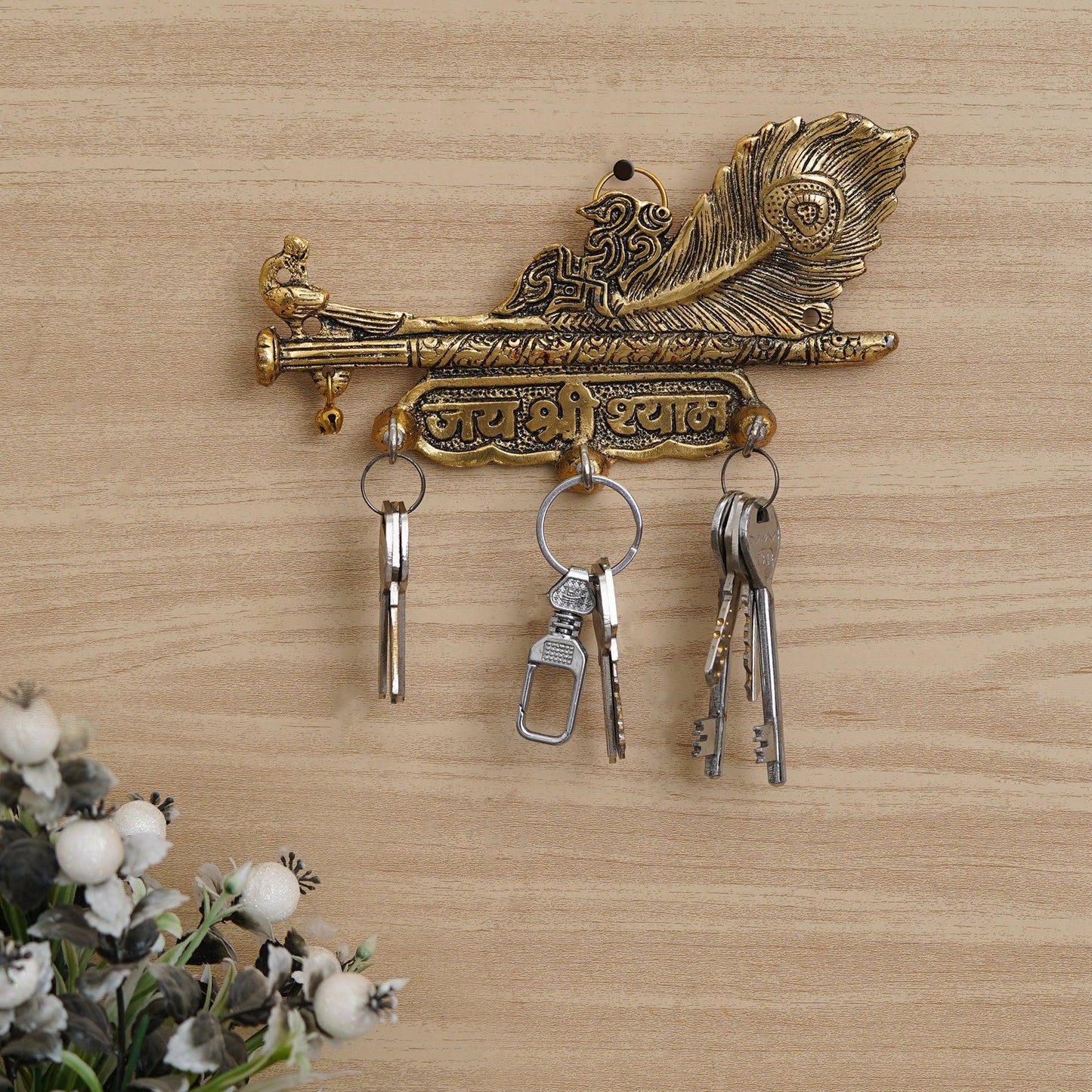 JaipurCrafts Premium Gold Metal Jai Shree Shyam (Krishna) Key Holder for Home and Office Decor| Keychain Holder for Home (7.5 Inches, 3 Hooks)