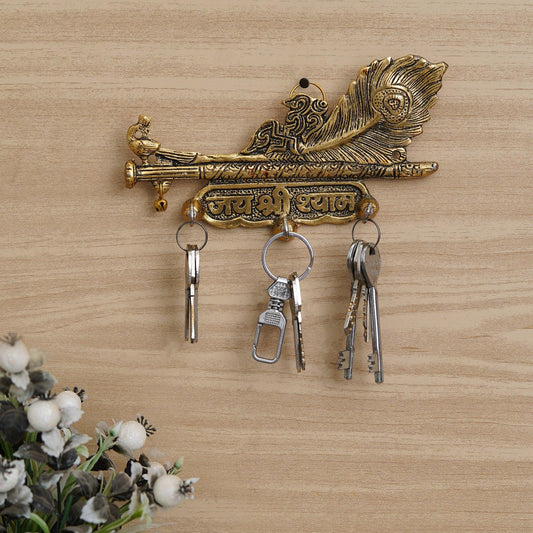 JaipurCrafts Premium Gold Metal Jai Shree Shyam (Krishna) Key Holder for Home and Office Decor| Keychain Holder for Home (7.5 Inches, 3 Hooks)