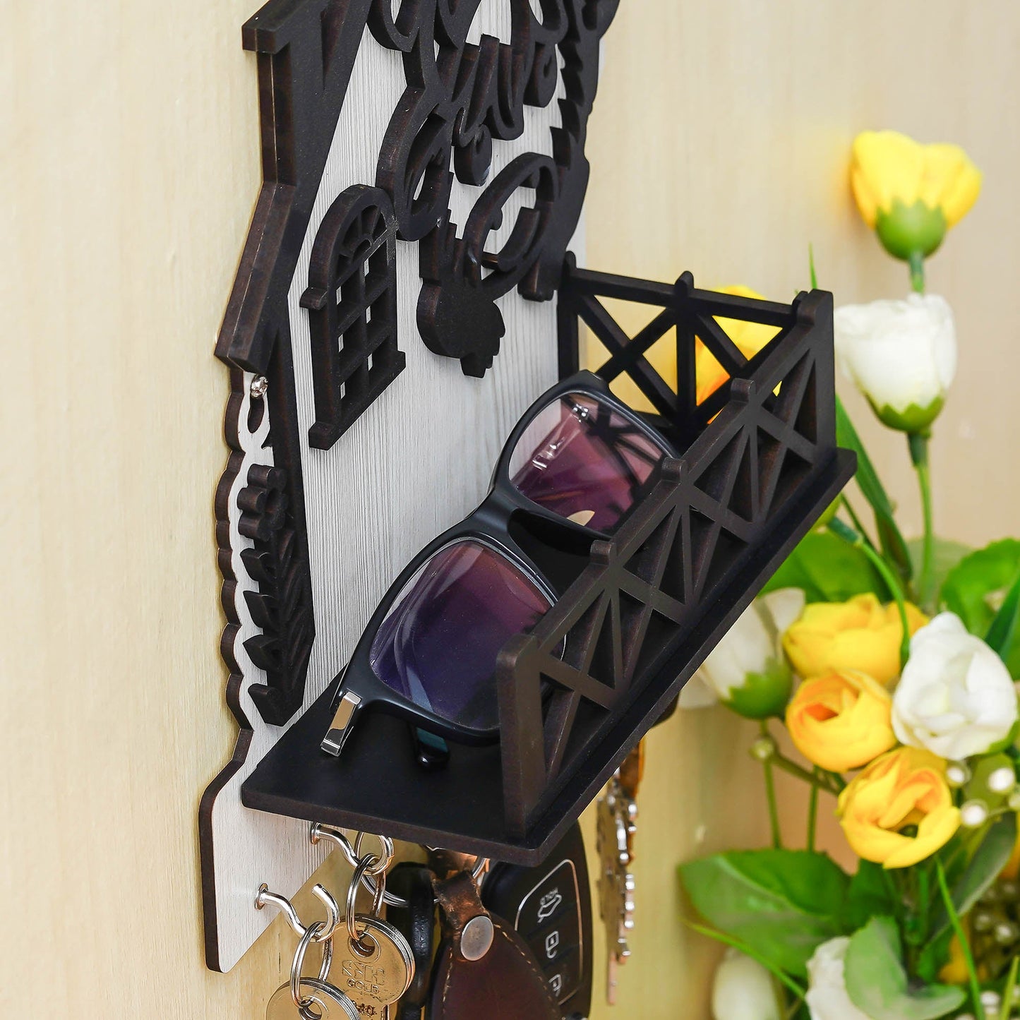 Webelkart Antique Designer Wooden House Keys Hanger Key Holder for Home/Office Decor, Key Holder with Mobile Charging Stand for Wall Decor Key Stand (8.5" Inches