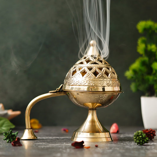 Webelkart Antique Brass Gold Dhoop Dani |Loban Dani |Aarti Brass Dani/Dhoop Dani Burner for Home Decor|Dhoop Batti Stand with Handle (5" Inches)