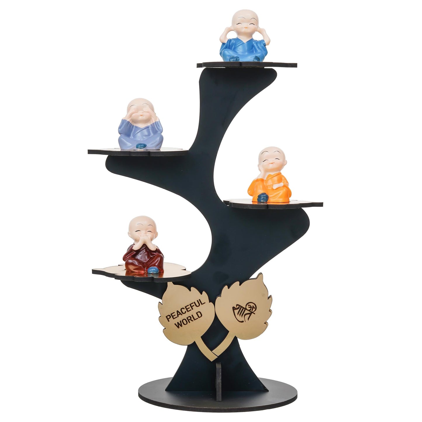 Webelkart Premium Set of 4 Decorative Adorable Buddha Monk Figurines with Wooden Stand for Peaceful Home Decor & Office Decor, Special Gifting, Handcrafted Baby Monk with Tree (Black)