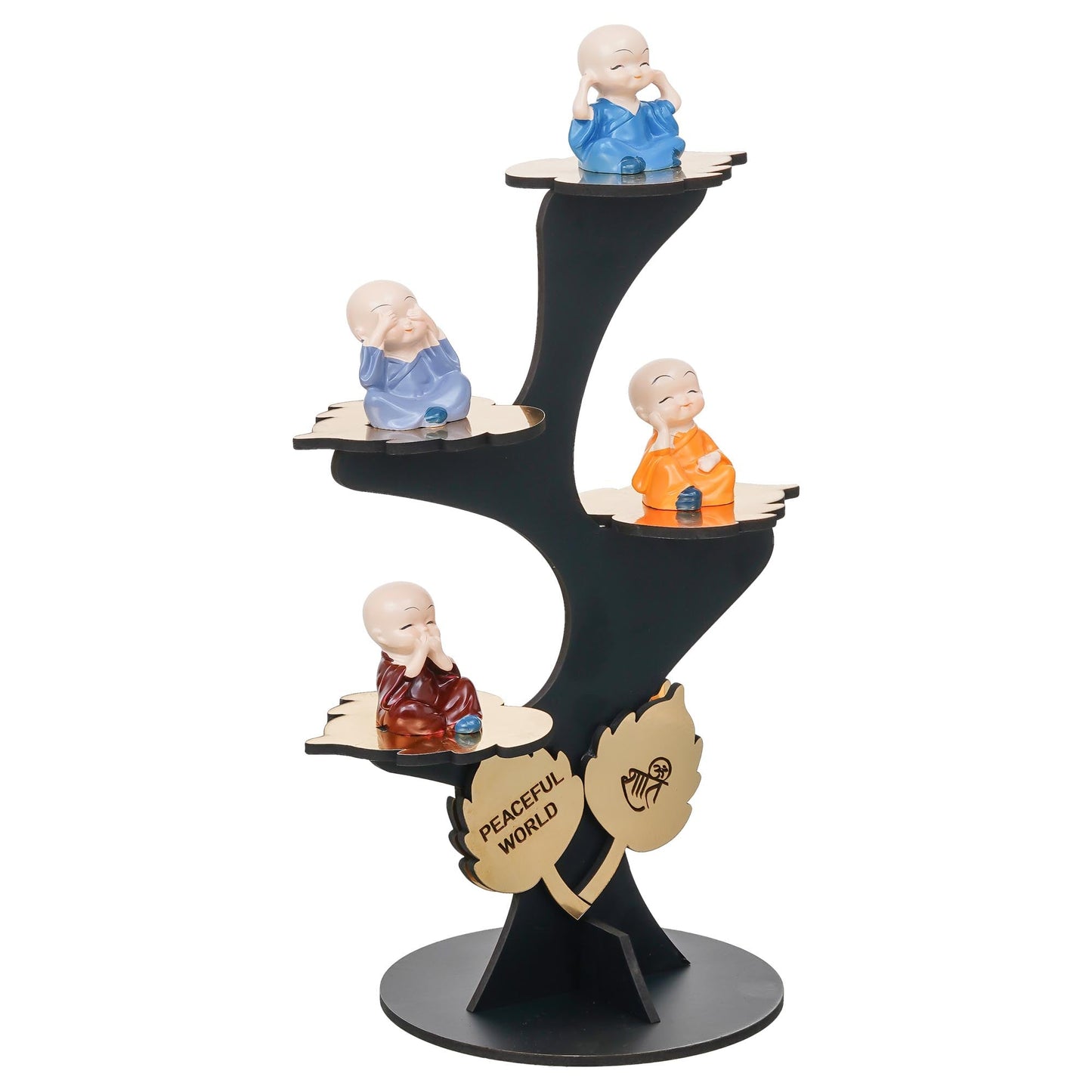 Webelkart Premium Set of 4 Decorative Adorable Buddha Monk Figurines with Wooden Stand for Peaceful Home Decor & Office Decor, Special Gifting, Handcrafted Baby Monk with Tree (Black)