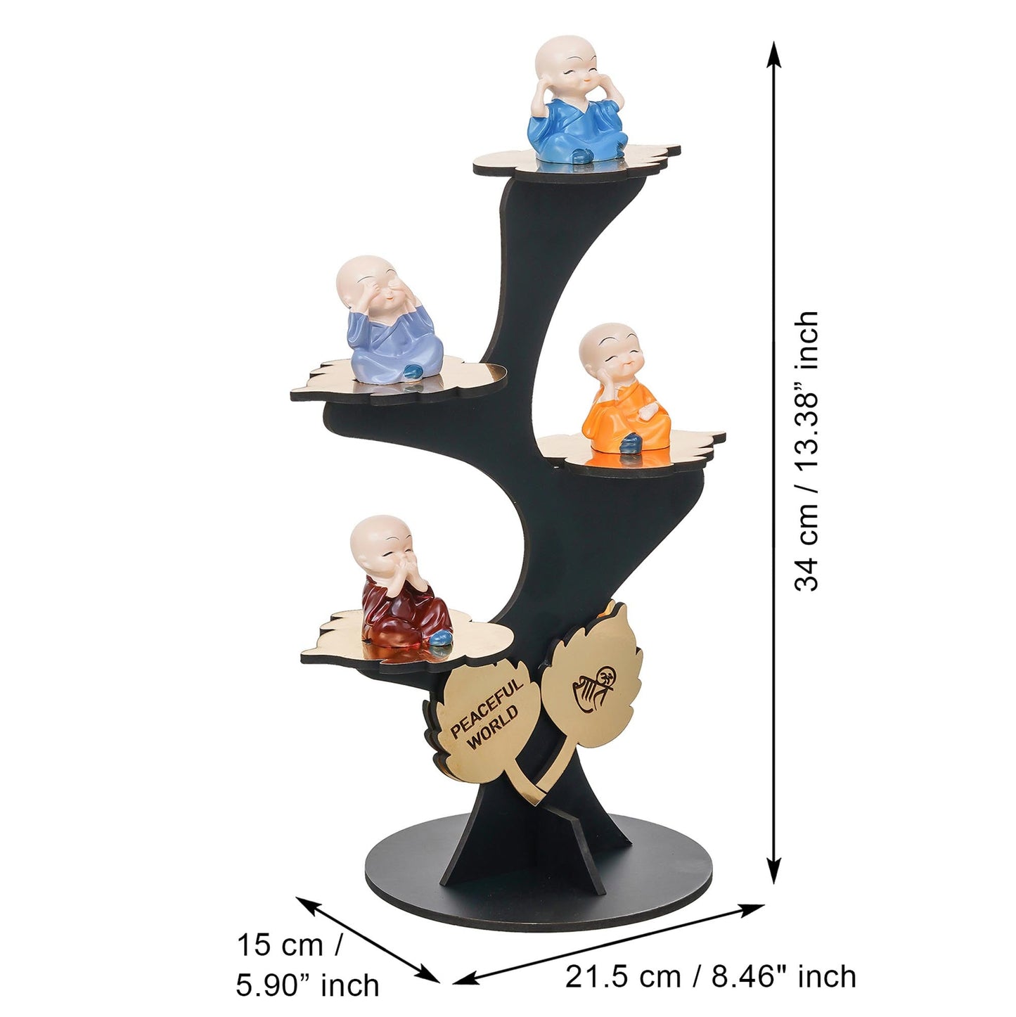 Webelkart Premium Set of 4 Decorative Adorable Buddha Monk Figurines with Wooden Stand for Peaceful Home Decor & Office Decor, Special Gifting, Handcrafted Baby Monk with Tree (Black)