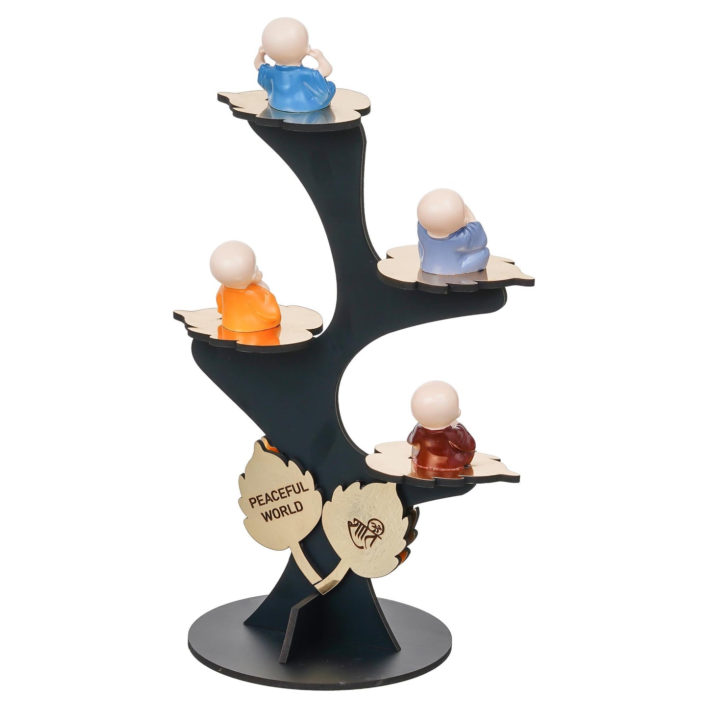 Webelkart Premium Set of 4 Decorative Adorable Buddha Monk Figurines with Wooden Stand for Peaceful Home Decor & Office Decor, Special Gifting, Handcrafted Baby Monk with Tree (Black)