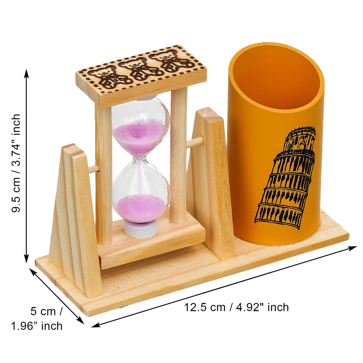 Webelkart Premium Wooden Hour Glass Timer Pen/Pencil Stand for Office/Home Decor |Office Desk Storage with Drawer File Organizer | Desktop Organizer (5" Inches)