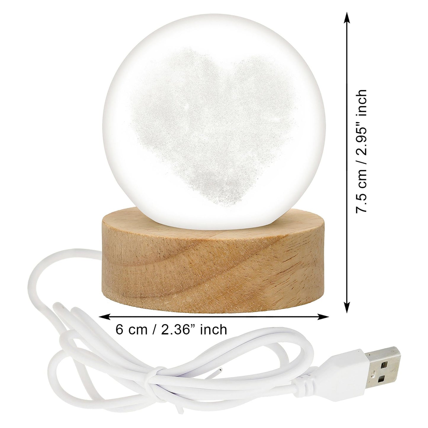 Webelkart Premium 3D Crystal Heart Moon Lamp Night Light for Home Decor/Crystal Ball Night Light with Warm White Dimmable LED with Wooden Base/USB Table LED Lamp,Gift for Valentine (Heart Shape)