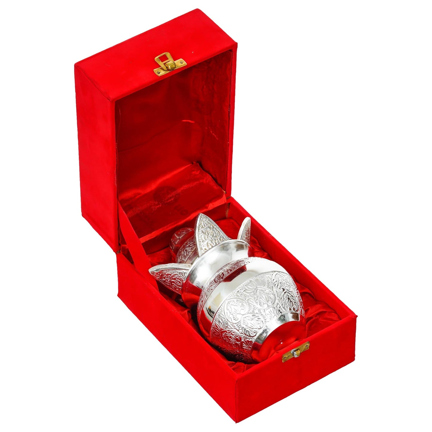 Webelkart Premium Silver Plated Pooja Kalash with Coconut for Pooja Decor with Red Velvet Box/Swastik Kalash for Puja Temple Home Decorative Item/Diwali Gift Item/mangal Kalash (Silver)