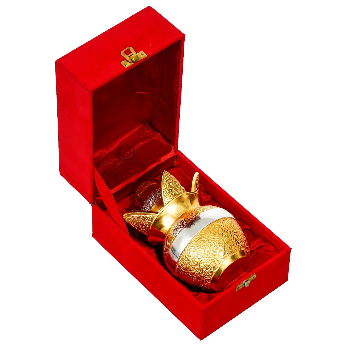 Webelkart Premium Gold Plated Pooja Kalash with Coconut for Pooja Decor with Red Velvet Box/Swastik Kalash for Puja Temple Home Decorative Item/Diwali Gift Item/mangal Kalash (Gold)