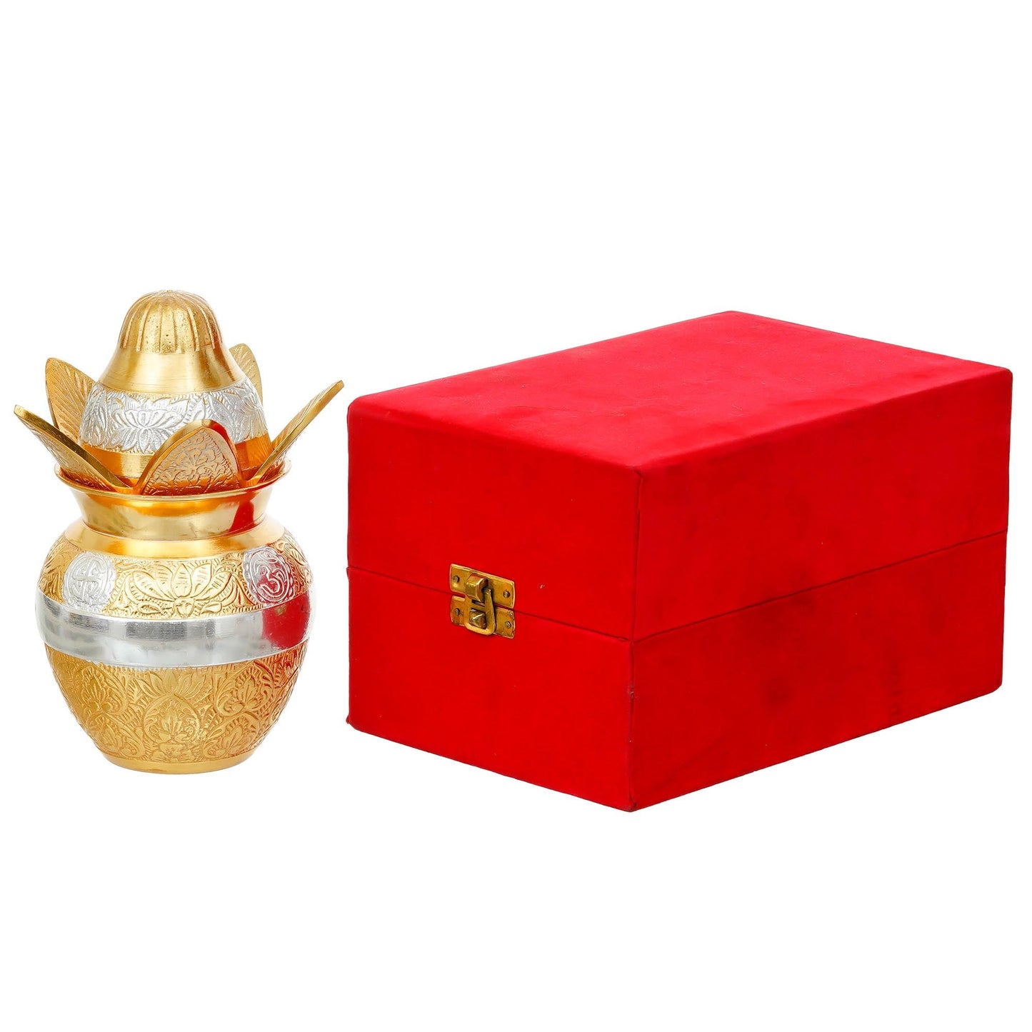 Webelkart Premium Gold Plated Pooja Kalash with Coconut for Pooja Decor with Red Velvet Box/Swastik Kalash for Puja Temple Home Decorative Item/Diwali Gift Item/mangal Kalash (Gold)