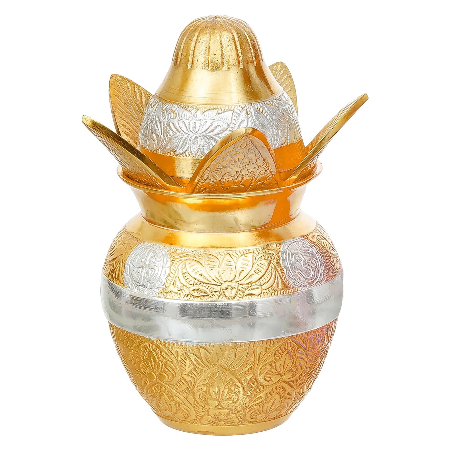 Webelkart Premium Gold Plated Pooja Kalash with Coconut for Pooja Decor with Red Velvet Box/Swastik Kalash for Puja Temple Home Decorative Item/Diwali Gift Item/mangal Kalash (Gold)