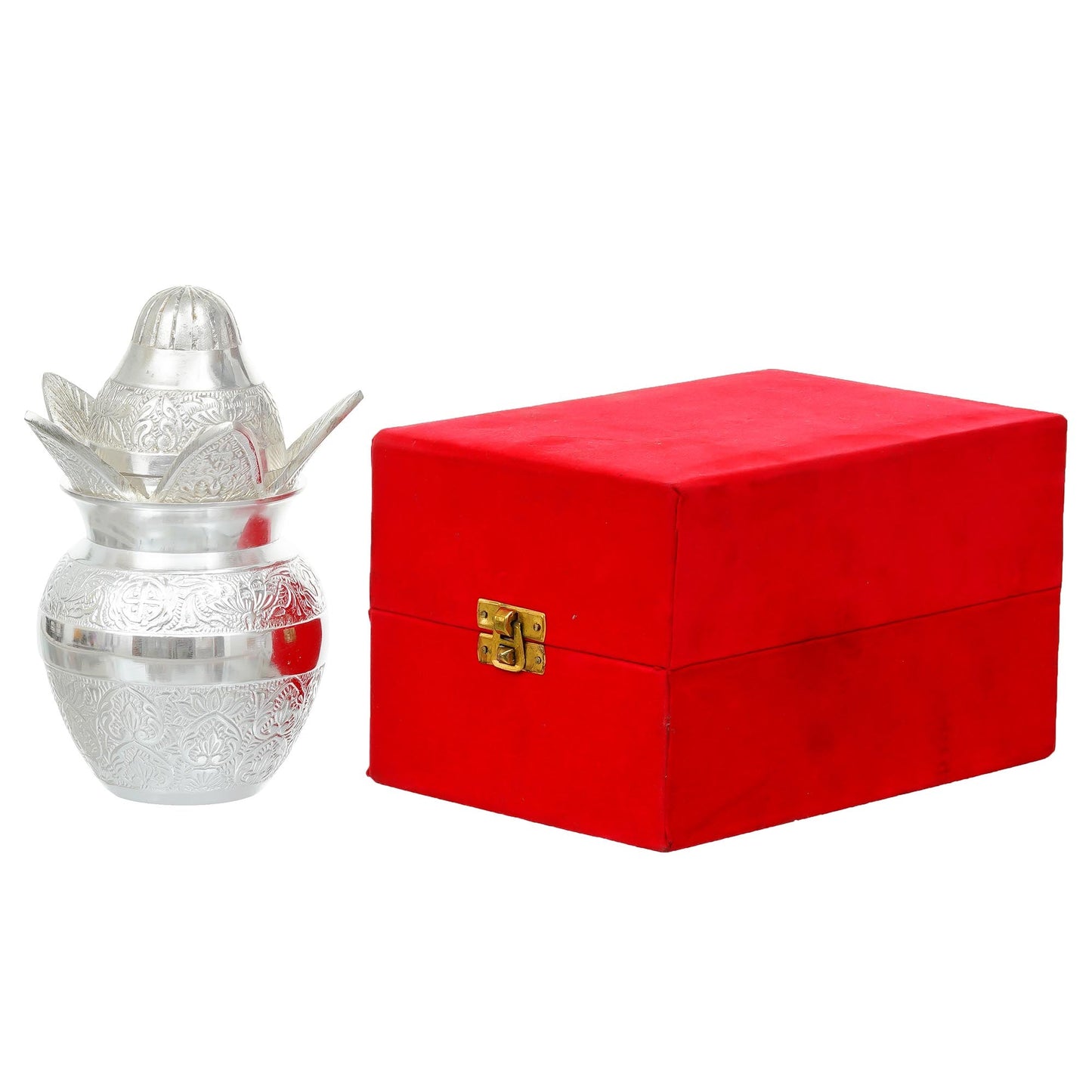 Webelkart Premium Silver Plated Pooja Kalash with Coconut for Pooja Decor with Red Velvet Box/Swastik Kalash for Puja Temple Home Decorative Item/Diwali Gift Item/mangal Kalash (Silver)