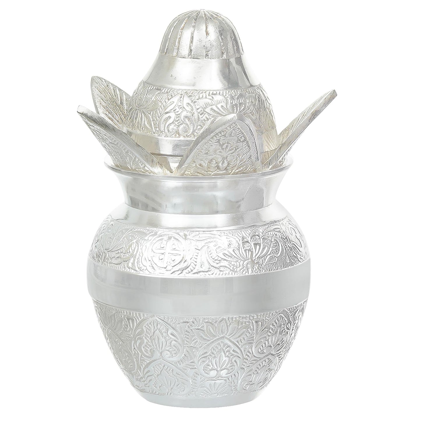 Webelkart Premium Silver Plated Pooja Kalash with Coconut for Pooja Decor with Red Velvet Box/Swastik Kalash for Puja Temple Home Decorative Item/Diwali Gift Item/mangal Kalash (Silver)