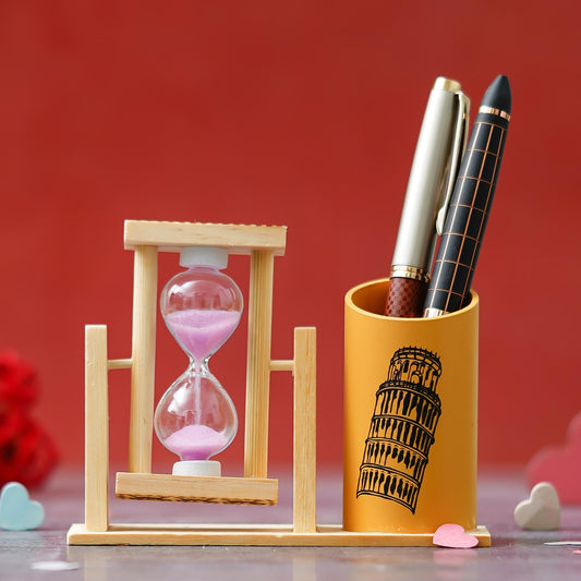 Webelkart Premium Wooden Hour Glass Timer Pen/Pencil Stand for Office/Home Decor |Office Desk Storage with Drawer File Organizer | Desktop Organizer (5" Inches)