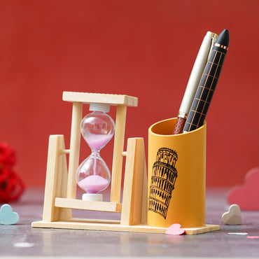 Webelkart Premium Wooden Hour Glass Timer Pen/Pencil Stand for Office/Home Decor |Office Desk Storage with Drawer File Organizer | Desktop Organizer (5" Inches)