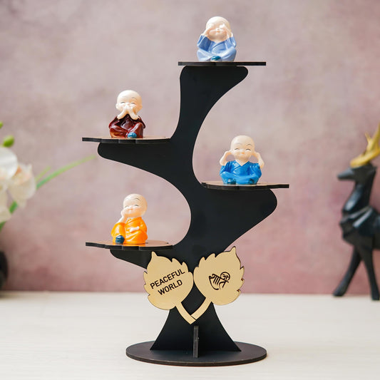 Webelkart Premium Set of 4 Decorative Adorable Buddha Monk Figurines with Wooden Stand for Peaceful Home Decor & Office Decor, Special Gifting, Handcrafted Baby Monk with Tree (Black)