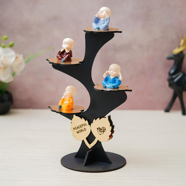 Webelkart Premium Set of 4 Decorative Adorable Buddha Monk Figurines with Wooden Stand for Peaceful Home Decor & Office Decor, Special Gifting, Handcrafted Baby Monk with Tree (Black)