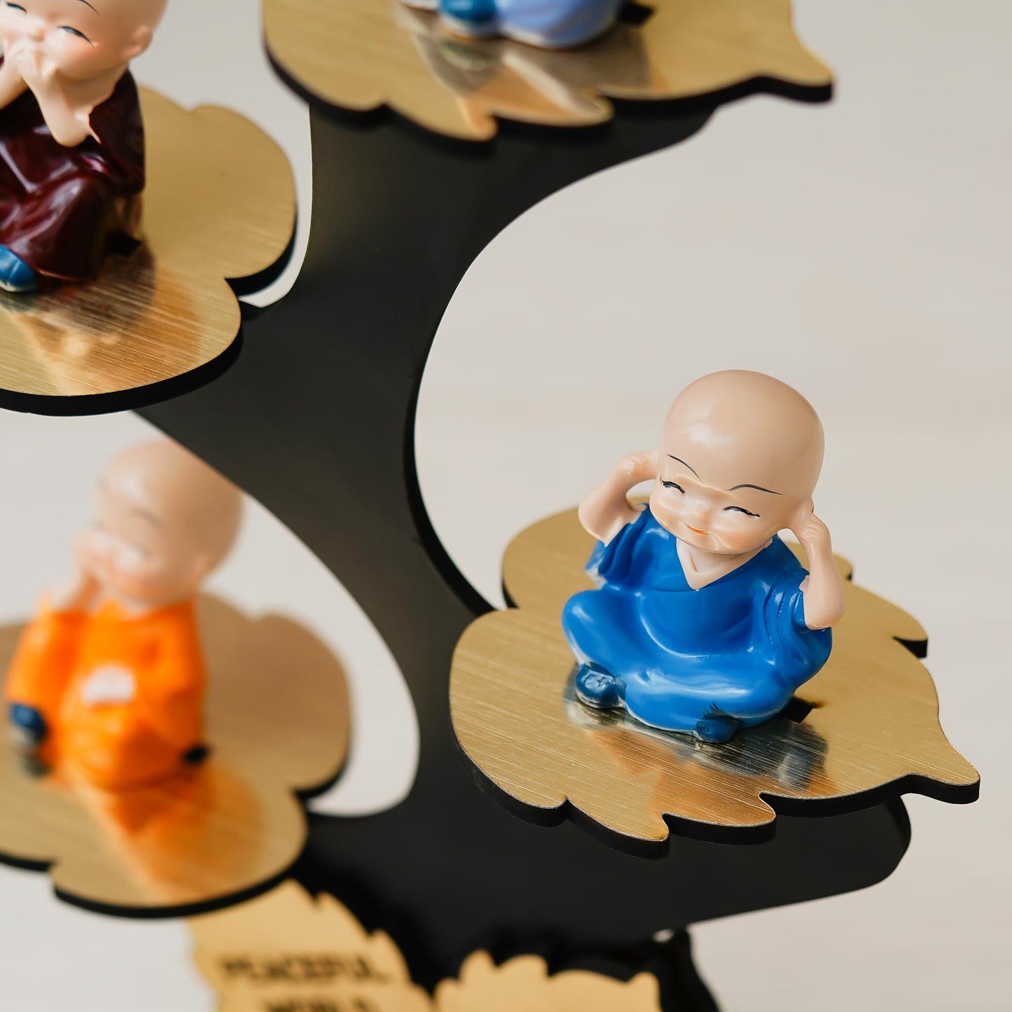 Webelkart Premium Set of 4 Decorative Adorable Buddha Monk Figurines with Wooden Stand for Peaceful Home Decor & Office Decor, Special Gifting, Handcrafted Baby Monk with Tree (Black)
