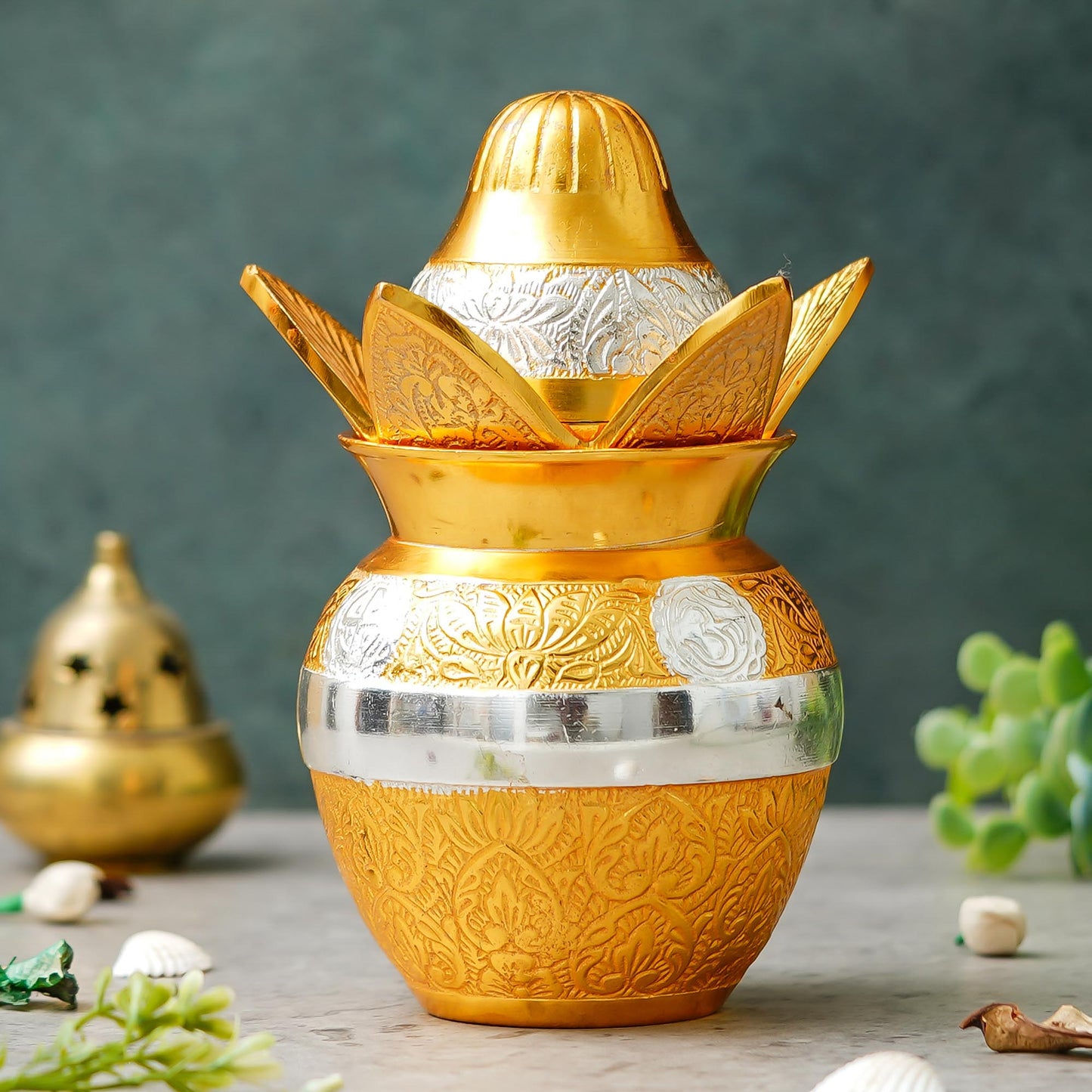 Webelkart Premium Gold Plated Pooja Kalash with Coconut for Pooja Decor with Red Velvet Box/Swastik Kalash for Puja Temple Home Decorative Item/Diwali Gift Item/mangal Kalash (Gold)