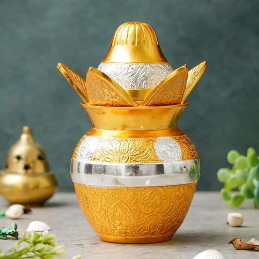 Webelkart Premium Gold Plated Pooja Kalash with Coconut for Pooja Decor with Red Velvet Box/Swastik Kalash for Puja Temple Home Decorative Item/Diwali Gift Item/mangal Kalash (Gold)