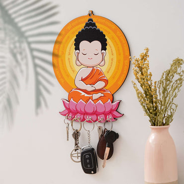 JaipurCrafts Premium Child Gautam Buddha Printed Wooden Key Holder for Home and Office Decor- Home Decor Items for Wall, Key Stand for Wall (Multi, 10 inches)