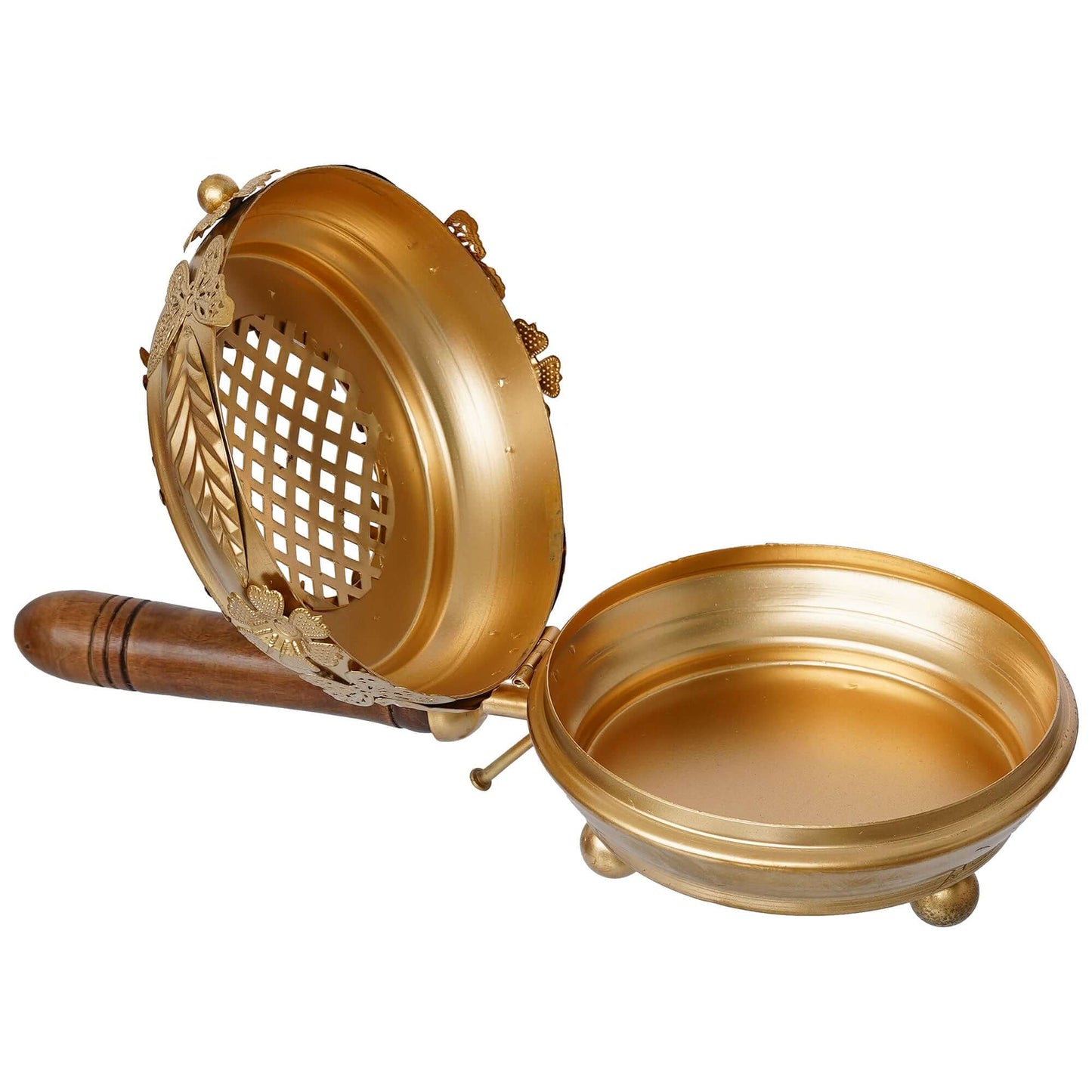 JaipurCrafts Premium Metal Incense Burne rbutterfly Loban Dani Dhoop Dani Aarti Metal Loban Dhoop Dani/Dhoop Dani Burner for Home Office Temple Puja (Round) Metal,Gold - 10.5 inches