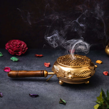 JaipurCrafts Premium Metal Incense Burne rbutterfly Loban Dani Dhoop Dani Aarti Metal Loban Dhoop Dani/Dhoop Dani Burner for Home Office Temple Puja (Round) Metal,Gold - 10.5 inches