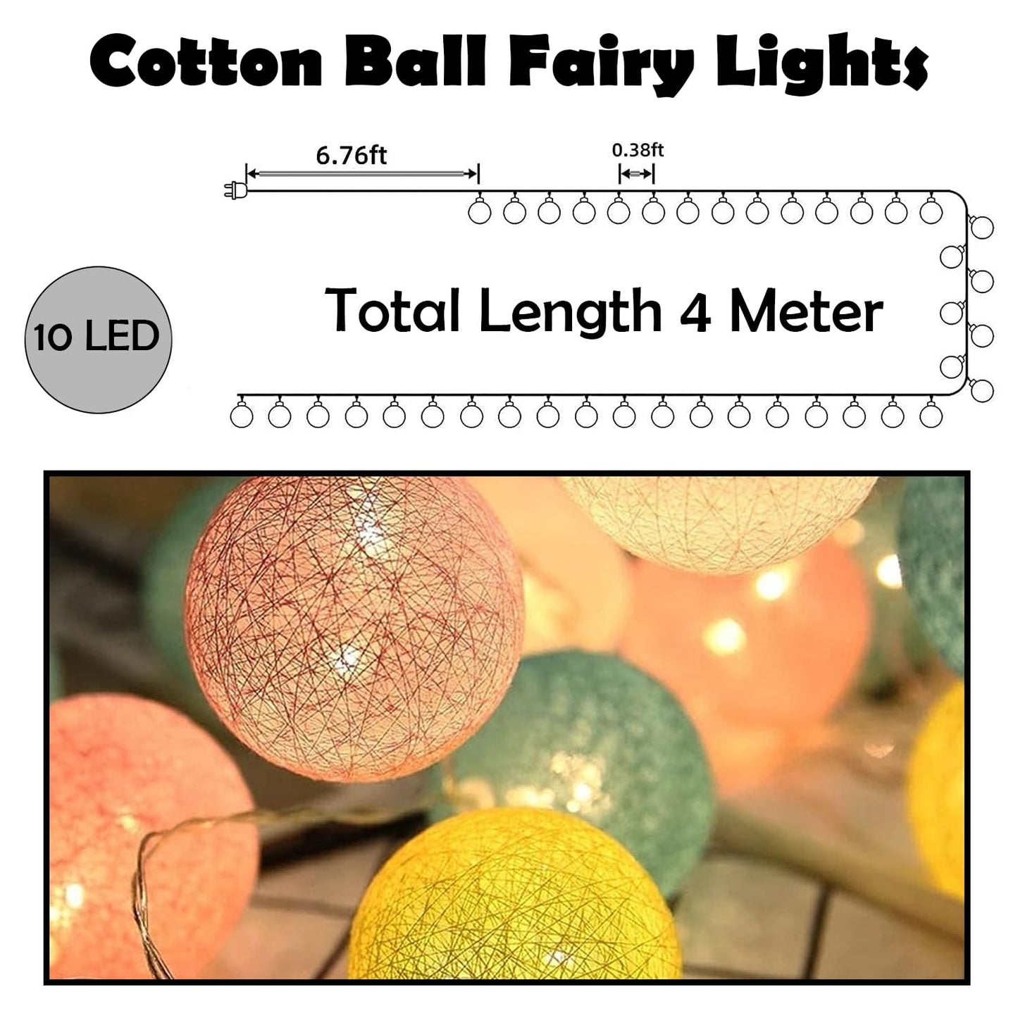 Multicolour Cotton Ball Lights for Decoration - 4 Meter, 10 LED Lights for Home Decoration, Decorative Lights, Led Lights for Decoration Indoor and Decoration Lights Outdoor, Colour Light