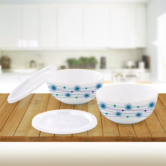 Larah by Borosil Bluebell Snack Bowl with Cover, 2pcSet+2Lids
