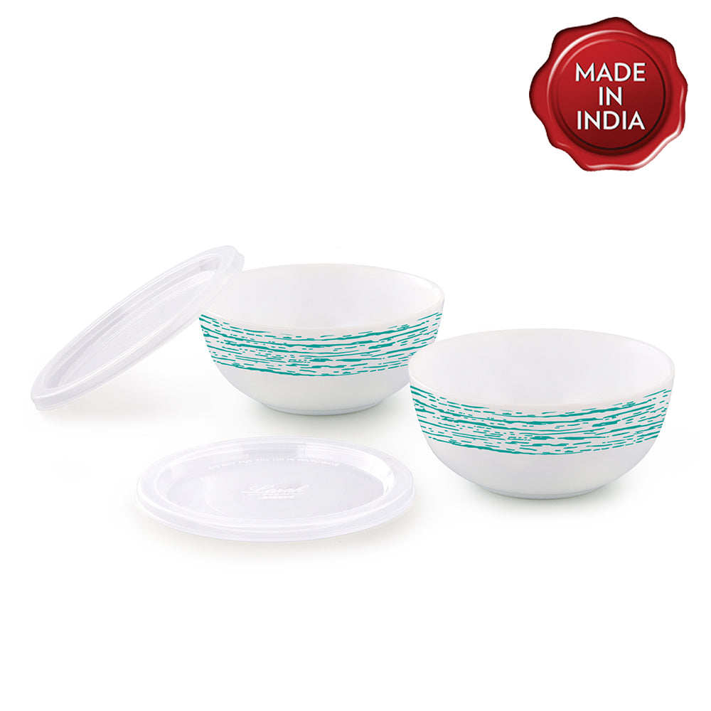 Larah by Borosil Blue Nova Snack Bowl with Cover, 2pcSet+2Lids