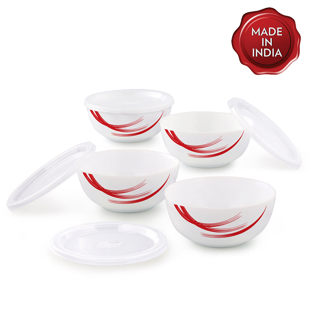 Larah by Borosil Red Stella Snack Bowl with Cover, 4pcSet+4Lids