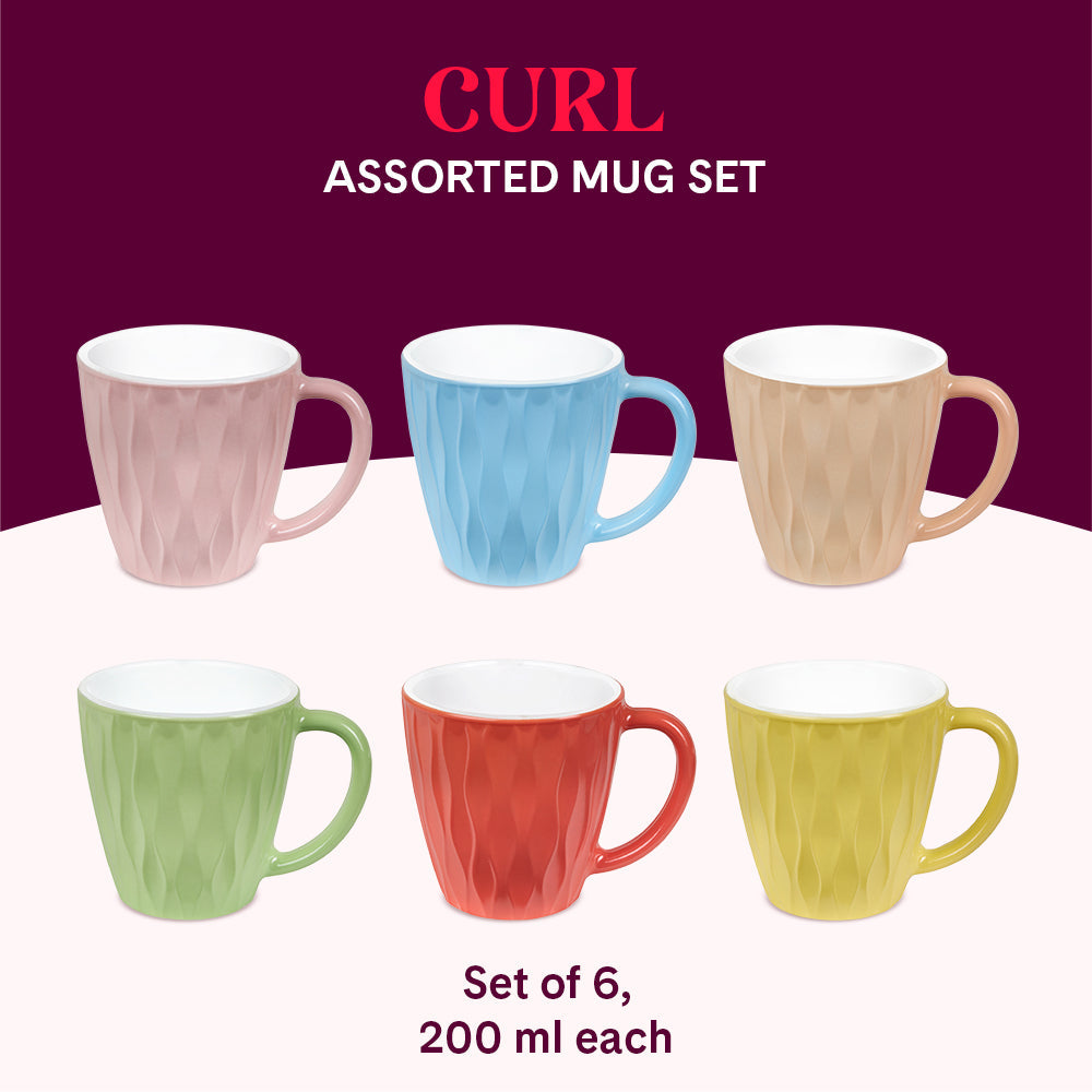 Larah By Borosil Curl Cup Set, Assorted Colours, 200ml x 6