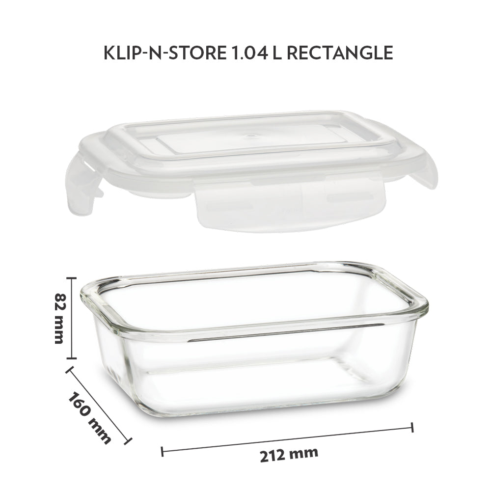 Borosil Klip n Store Rectangular Glass Container, 1.04L