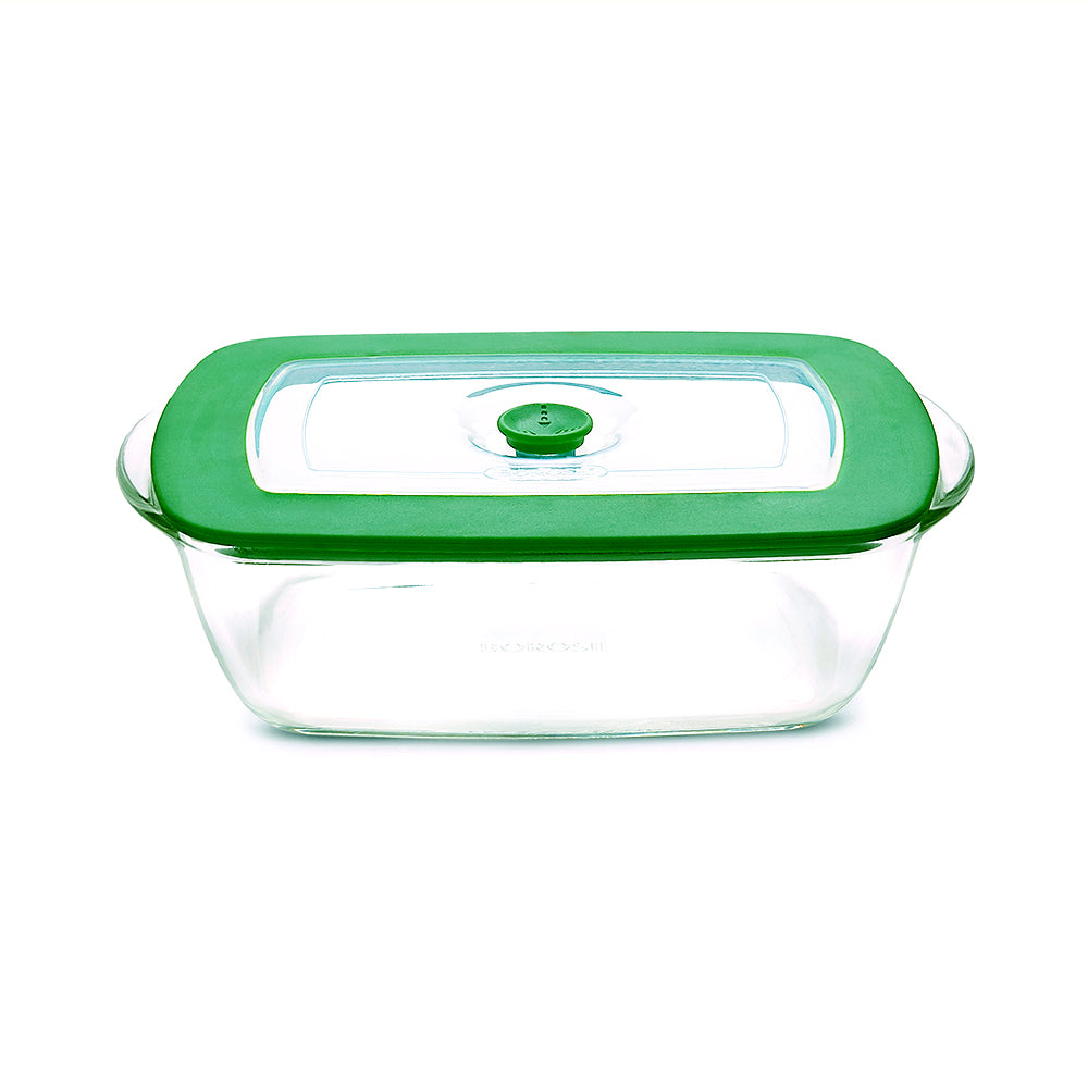 Borosil Rectangular Dish w Green Lid, 1.1L