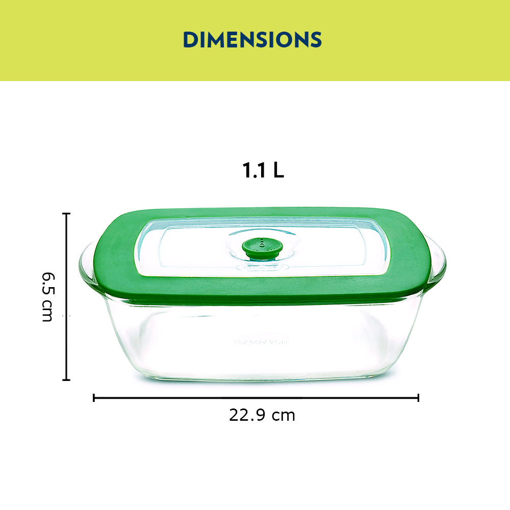 Borosil Rectangular Dish w Green Lid, 1.1L