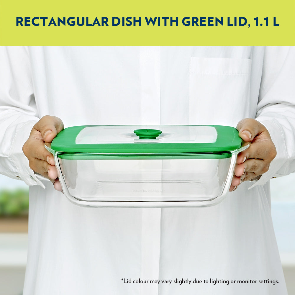 Borosil Rectangular Dish w Green Lid, 1.1L