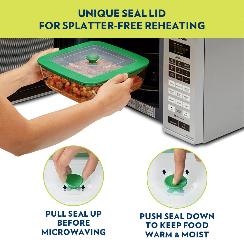 Borosil Rectangular Dish w Green Lid, 1.1L