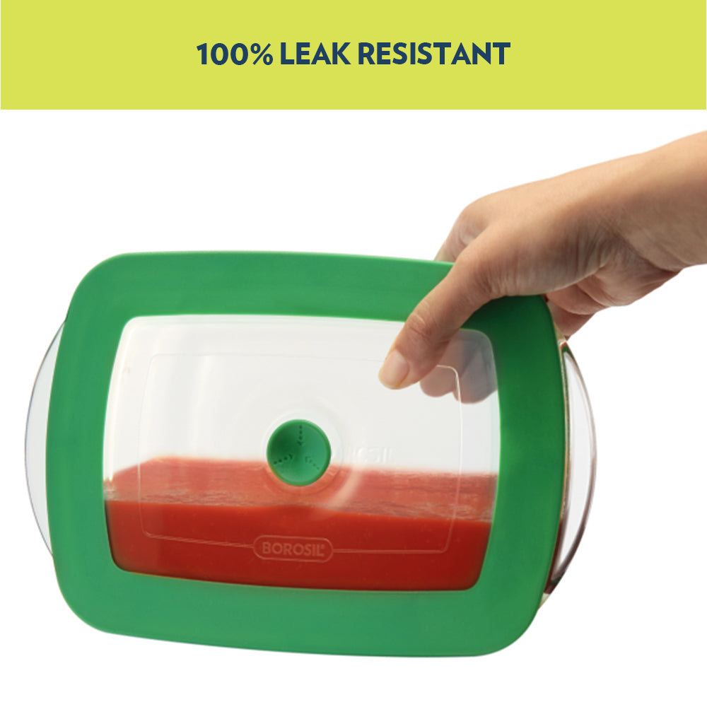 Borosil Rectangular Dish w Green Lid, 1.1L