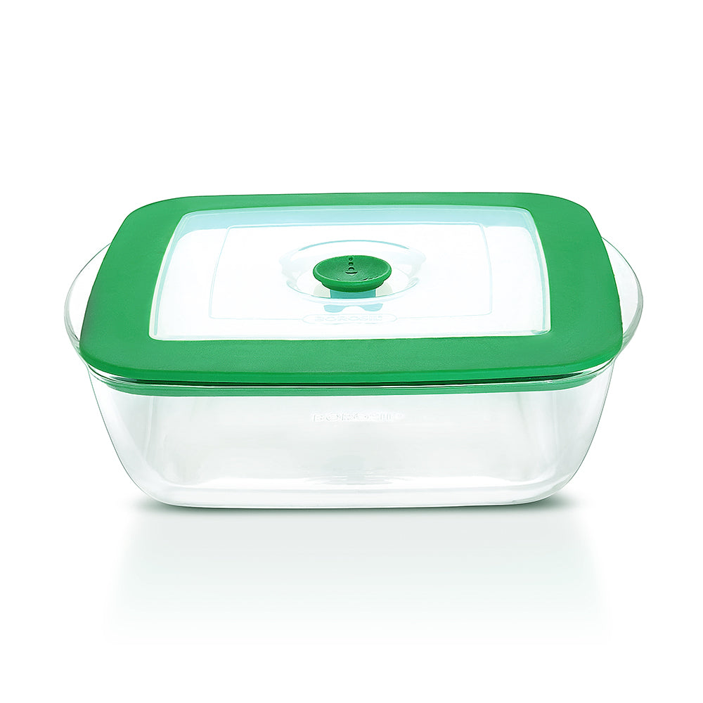 Borosil Square Dish w Green Lid, 2.2L