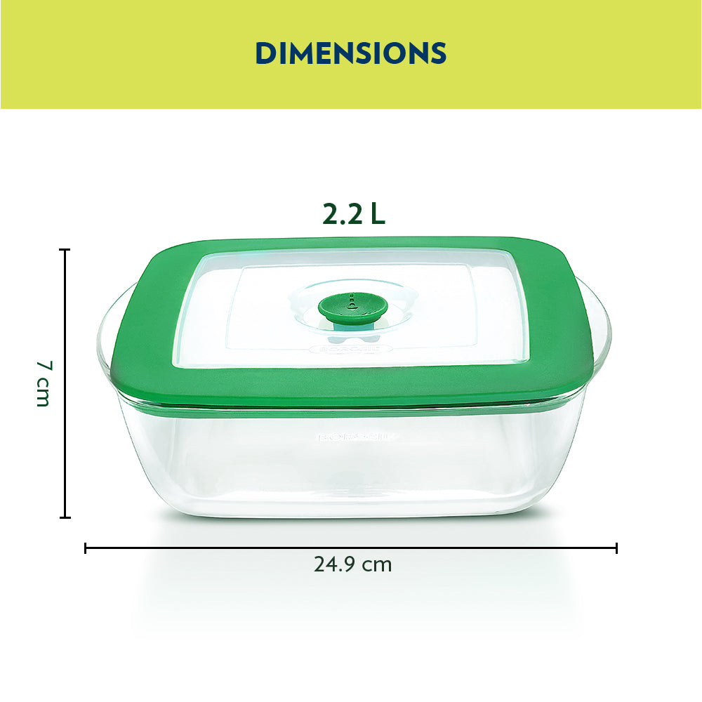 Borosil Square Dish w Green Lid, 2.2L