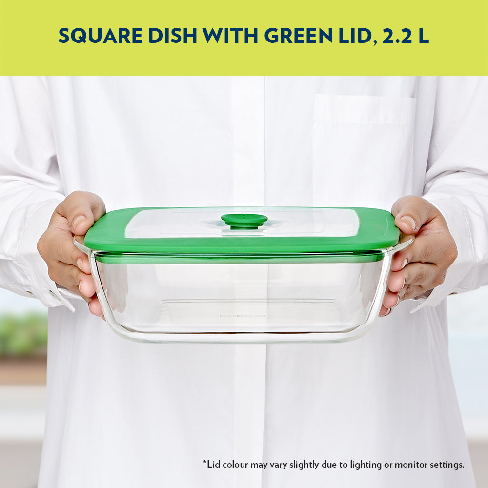 Borosil Square Dish w Green Lid, 2.2L