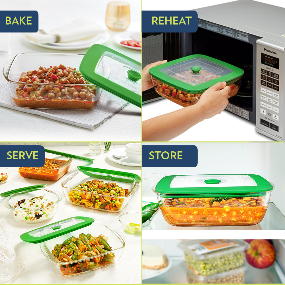 Borosil Square Dish w Green Lid, 2.2L