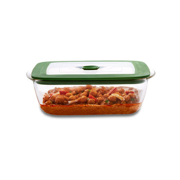 Borosil Square Dish w Green Lid, 2.2L