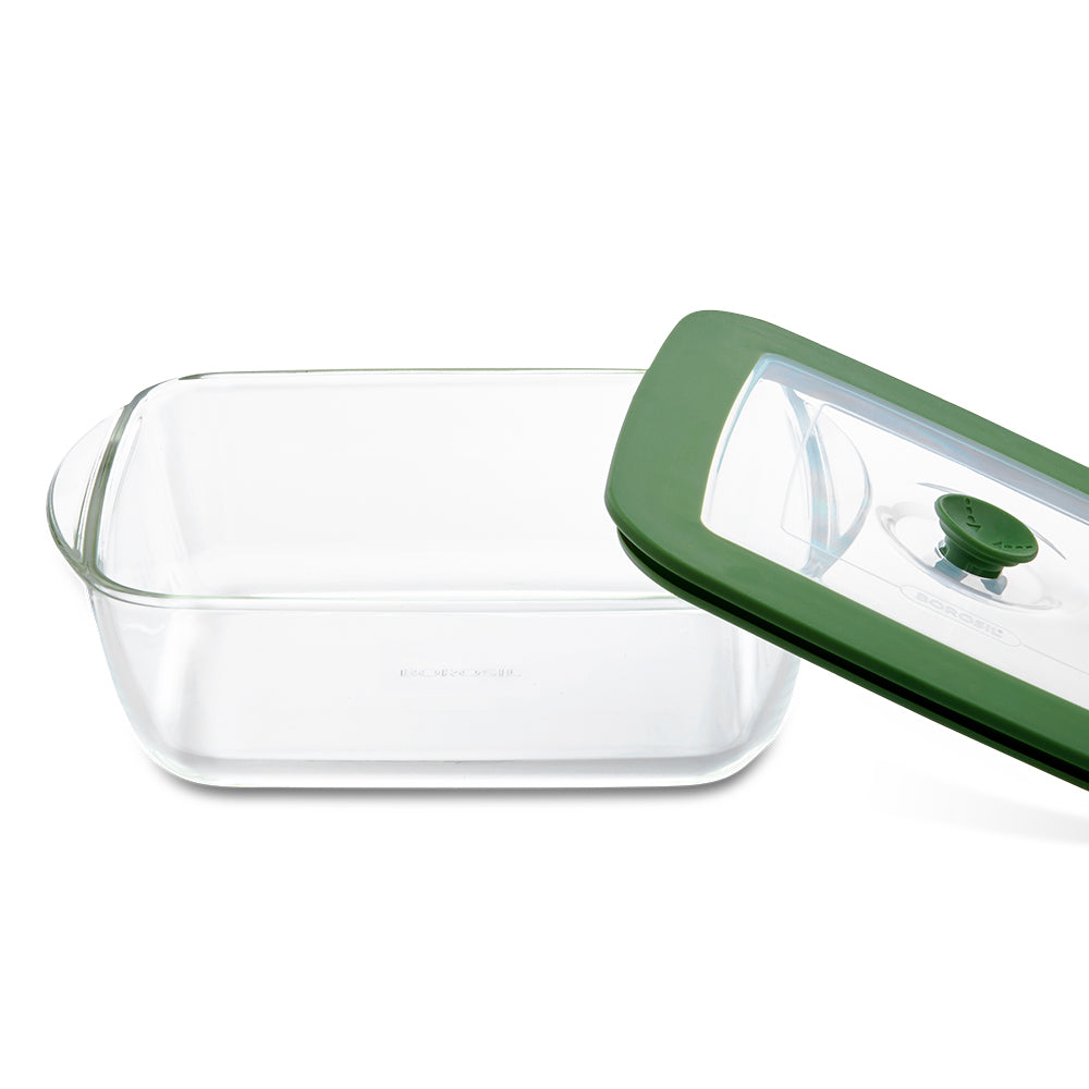 Borosil Square Dish w Green Lid, 2.2L
